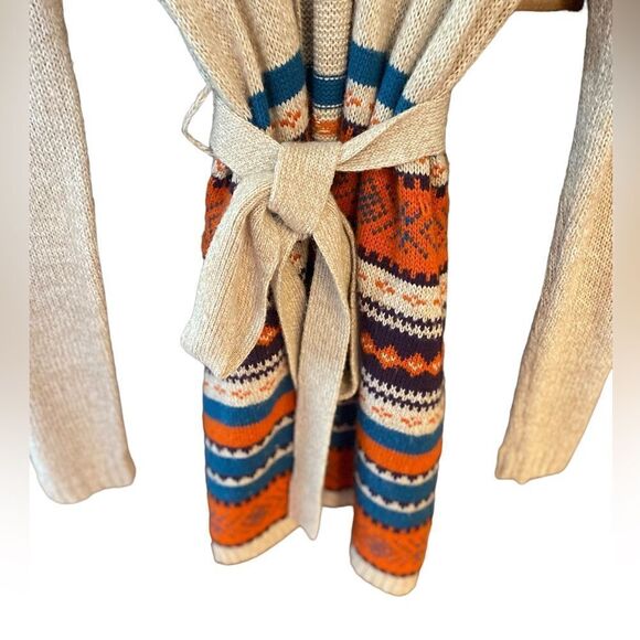 Chelsea & Violet L Beige Aztec Southwestern Knit Long Waist Tie Sweater Hoodie - Picture 5 of 8